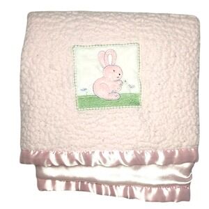 Beansprout Pink Bunny Sherpa‎ Satin Baby Girl Blanket HTF Lovey Security Flowers